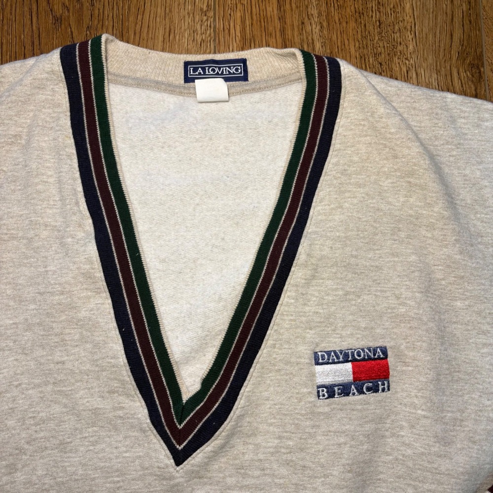 VTG‎ 90s Daytona Beach V-Neck Sweatshirt Mens L USA Made Retro LA Loving Gray - Picture 2 of 8